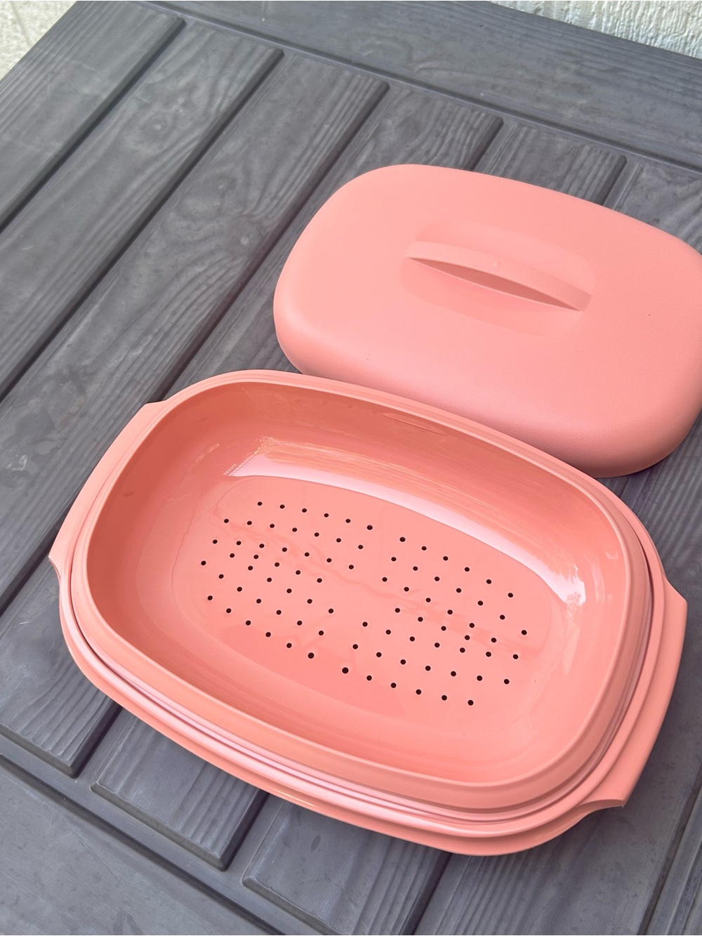 Pink Tupperware Microwave Steaming Container